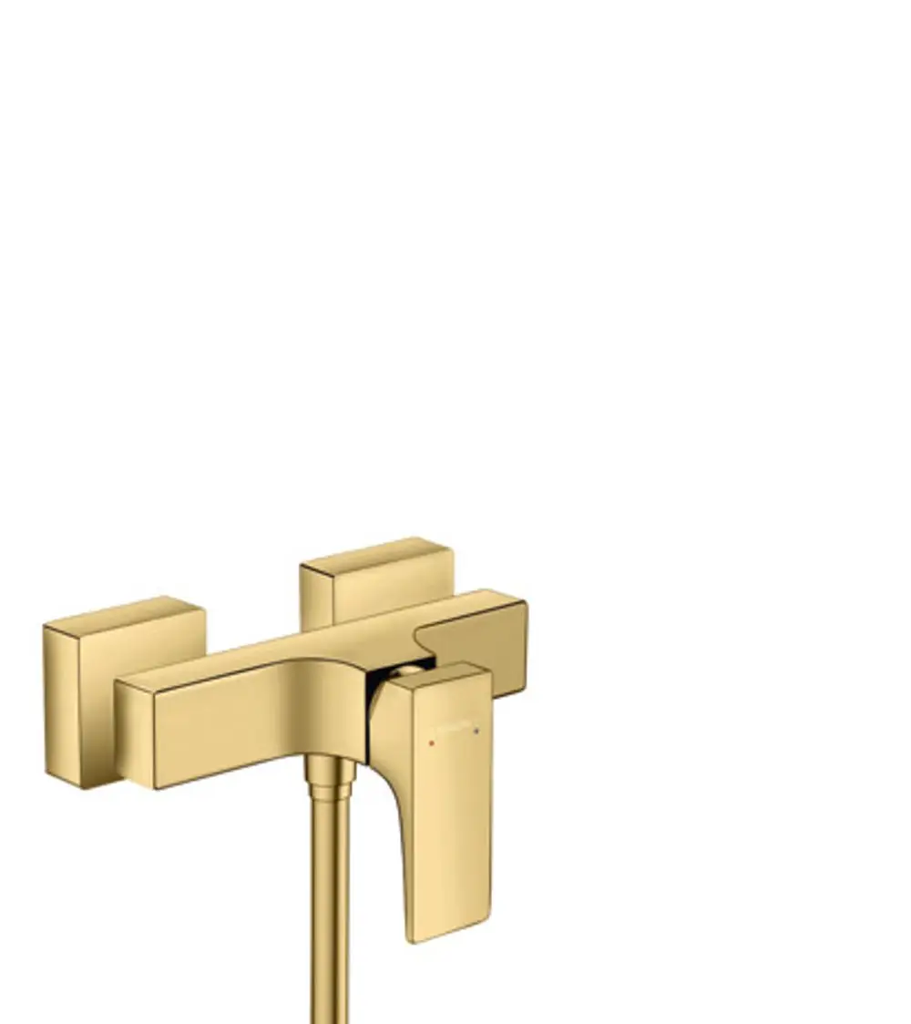 Ein hansgrohe Einhebel-Brausemischer in Polished Gold Optic, mit einem Hebelgriff. Das Design ist modern und funktional, geeignet für die Aufputzmontage.